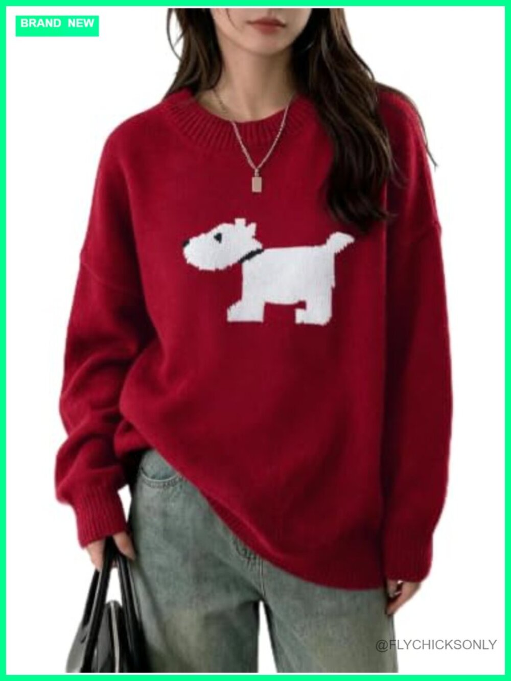Oversized Dog Graphic Sweater Crew Neck Long Sleeve Pullover Jumper
